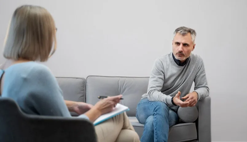 мужчина с аменцией разговаривает с психиатром